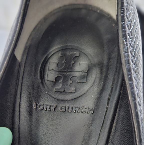 Tory Burch Black Wedges Peep Toe with Silver Logo Size 9.5 - Picture 5 of 10